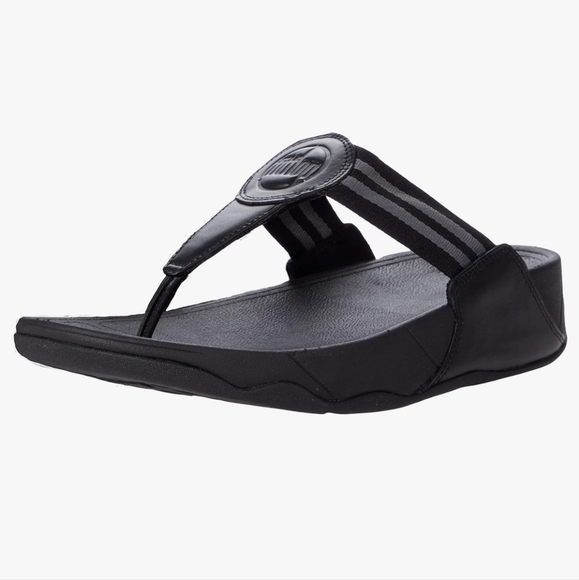 FitFlop Walkstar Black Leather Nylon Flip Flop Toe-Post Wedge Platform Sandals 9 - Picture 1 of 9